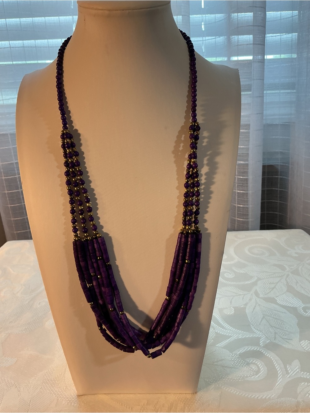 Purple Heishi Multi Strand Seed Bead Gold Tone Necklace